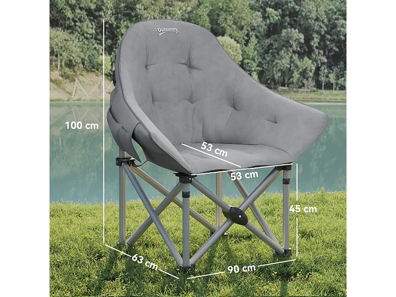 Chaise pliante de camping avec accoudoirs et housse de transport, simili cuir, gris foncé (90x63x100 cm)
