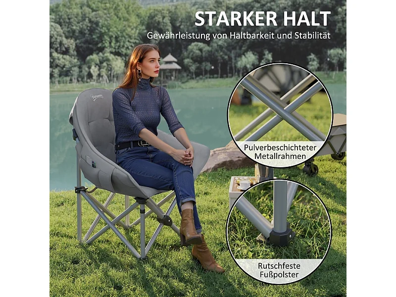 Chaise pliante de camping avec accoudoirs et housse de transport, simili cuir, gris foncé (90x63x100 cm)