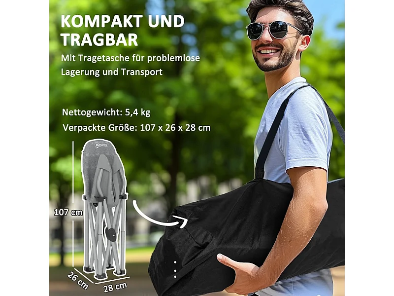 Chaise pliante de camping avec accoudoirs et housse de transport, simili cuir, gris foncé (90x63x100 cm)