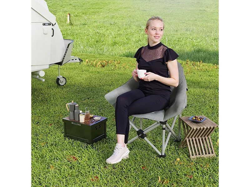 Chaise pliante de camping avec accoudoirs et housse de transport, simili cuir, gris foncé (90x63x100 cm)
