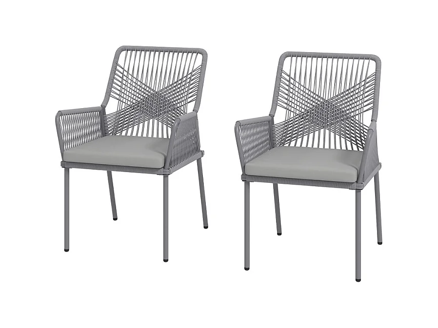Conjunto de 2 sillas de jardín de ratán con reposabrazos y cojín extraíble, resistentes a la intemperie, color gris oscuro (57 x 61 x 84 cm)