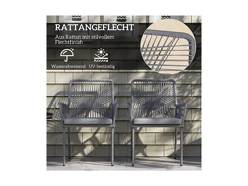 Conjunto de 2 sillas de jardín de ratán con reposabrazos y cojín extraíble, resistentes a la intemperie, color gris oscuro (57 x 61 x 84 cm)