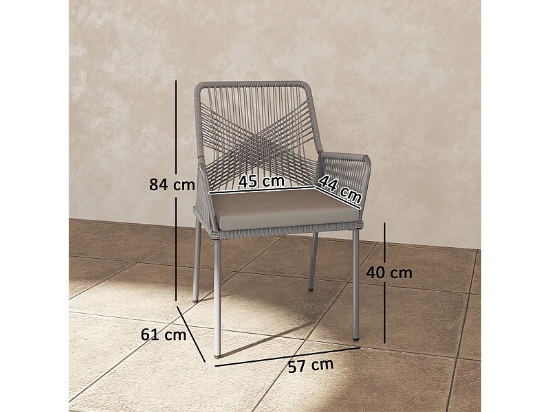 Conjunto de 2 sillas de jardín de ratán con reposabrazos y cojín extraíble, resistentes a la intemperie, color gris oscuro (57 x 61 x 84 cm)