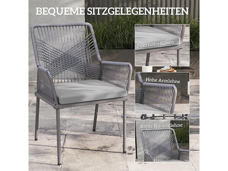 Conjunto de 2 sillas de jardín de ratán con reposabrazos y cojín extraíble, resistentes a la intemperie, color gris oscuro (57 x 61 x 84 cm)