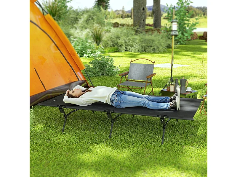 Cama plegable de camping, grande y robusta, de tela Oxford, color negro, con bolsa de transporte (200x100x36cm)