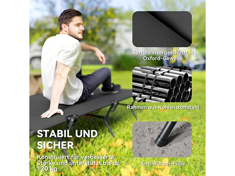 Cama plegable de camping, grande y robusta, de tela Oxford, color negro, con bolsa de transporte (200x100x36cm)