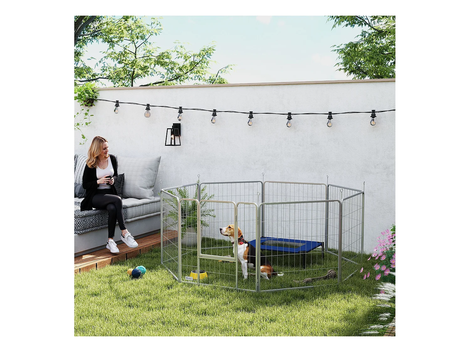 Enclos pour chiots et petits animaux, 8 panneaux modulables, acier, argenté (240x80x80 cm)