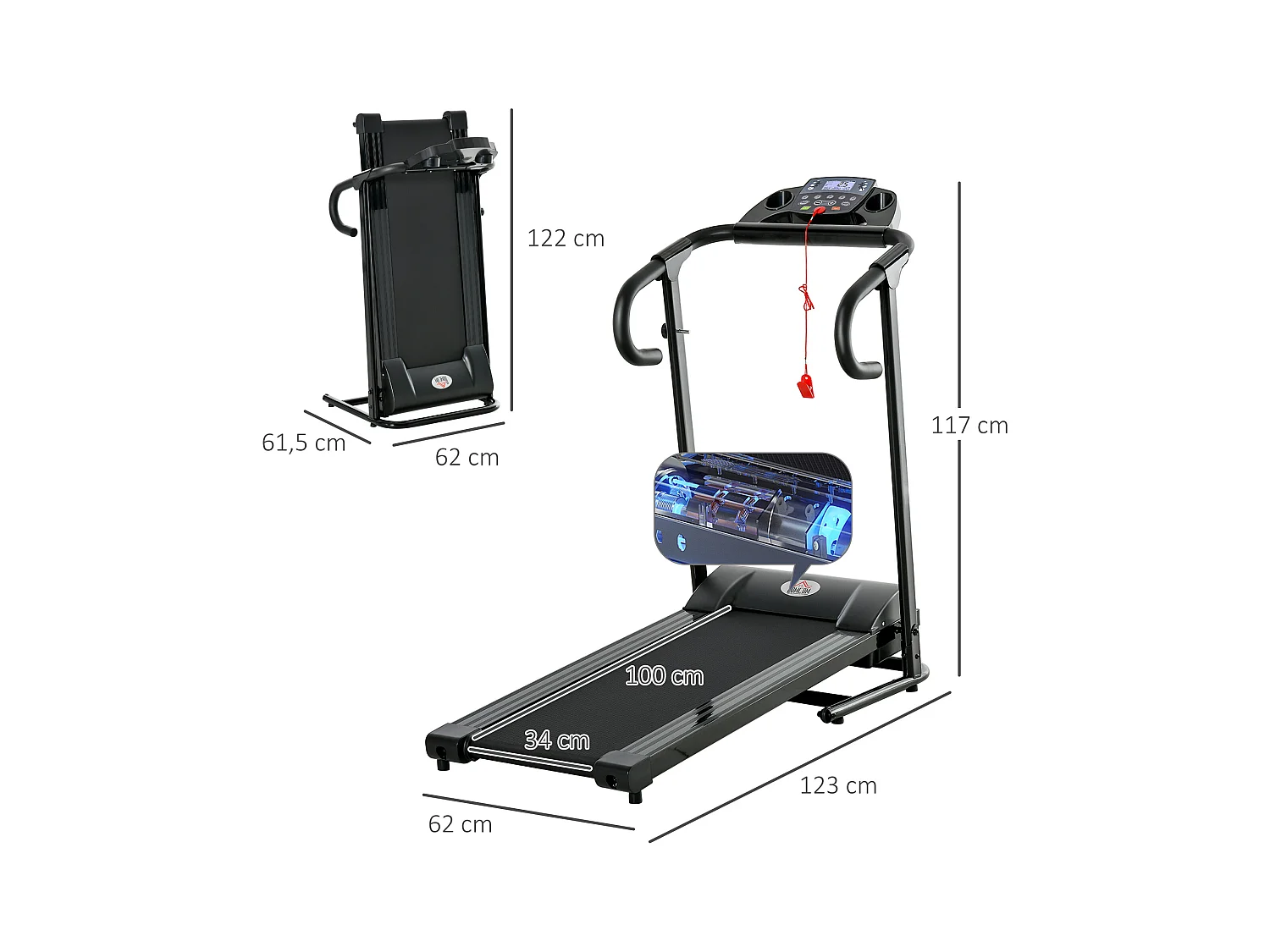 Tapis de course motorisé pliable, 500W, LCD et support pour téléphone, noir (123x62x117 cm)