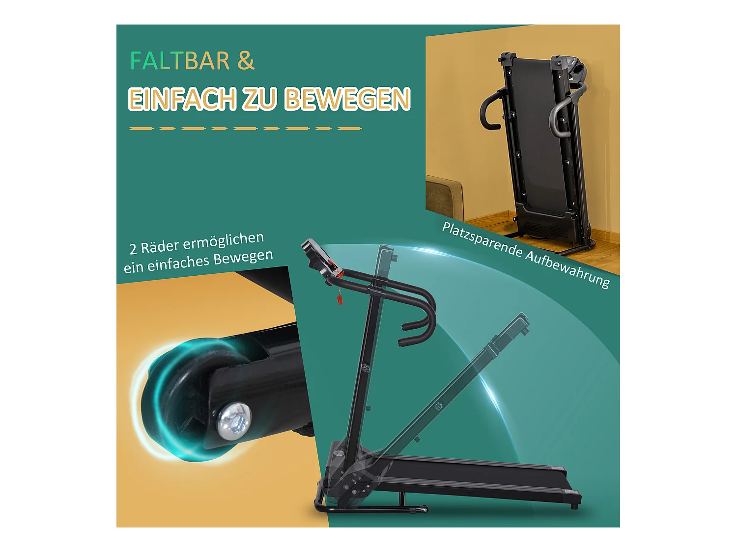 Tapis de course motorisé pliable, 500W, LCD et support pour téléphone, noir (123x62x117 cm)