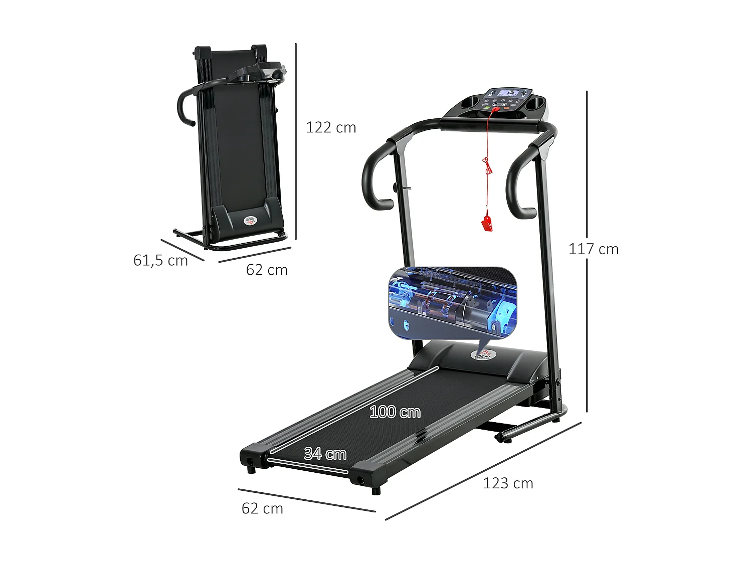Tapis de course motorisé pliable, 500W, LCD et support pour téléphone, noir (123x62x117 cm)