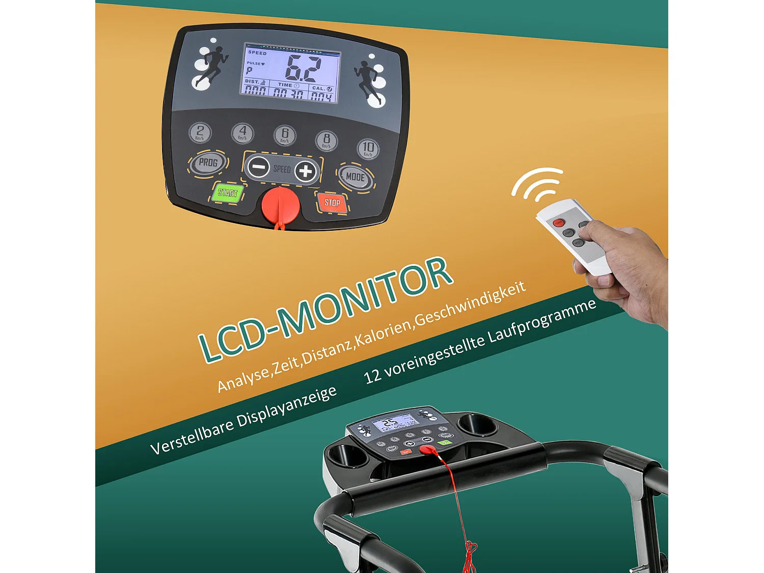 Tapis de course motorisé pliable, 500W, LCD et support pour téléphone, noir (123x62x117 cm)