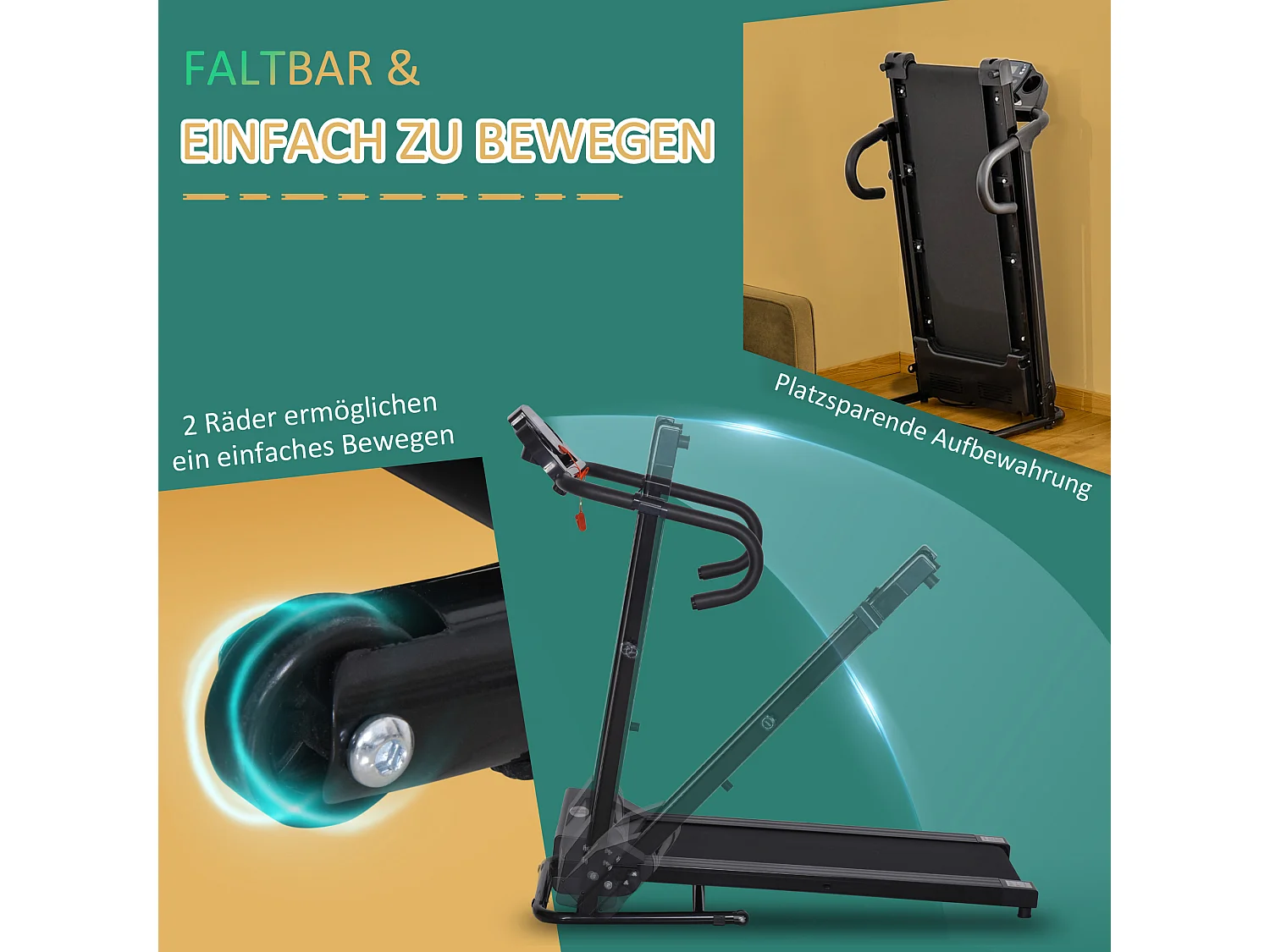 Tapis de course motorisé pliable, 500W, LCD et support pour téléphone, noir (123x62x117 cm)