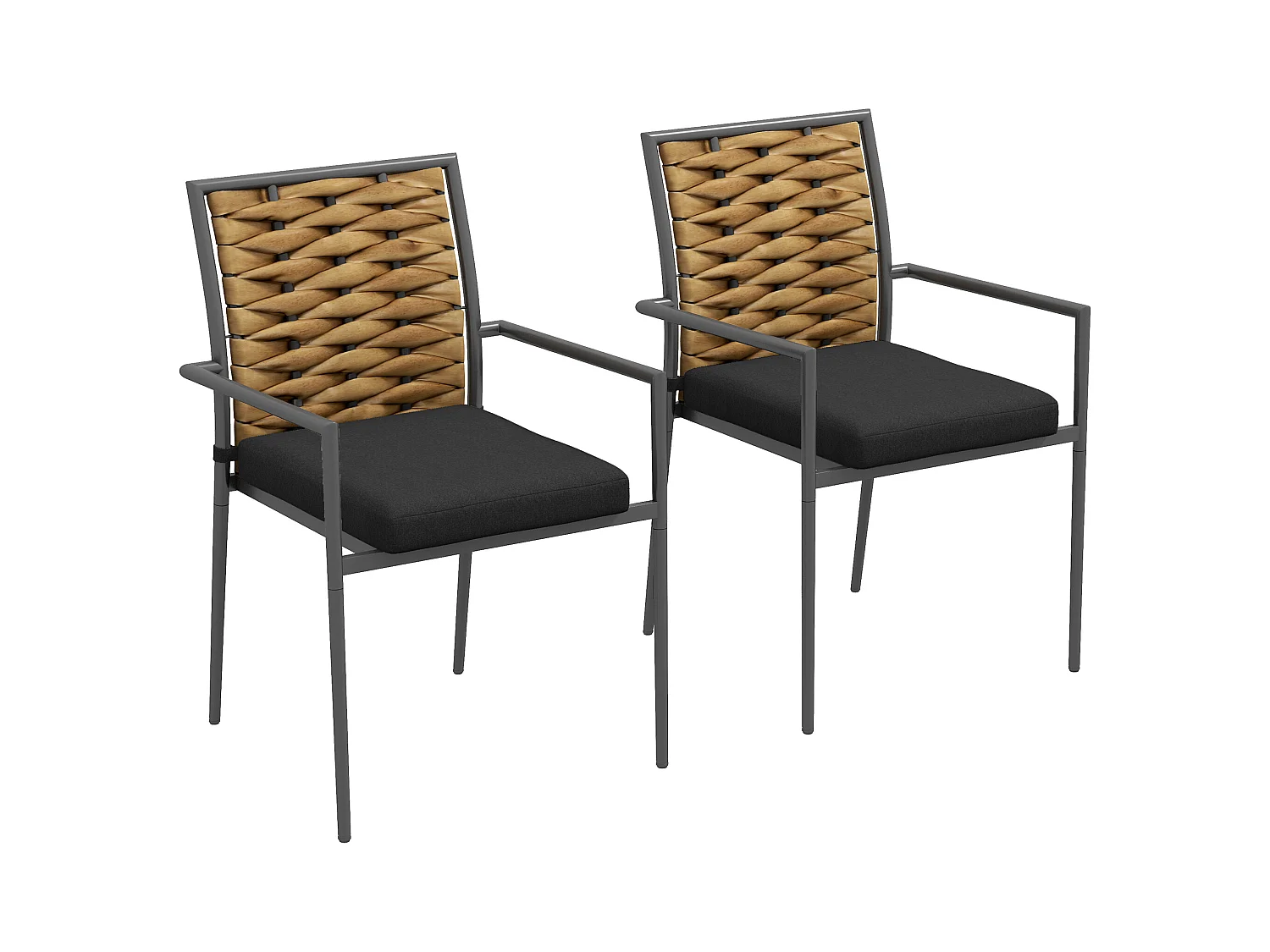 Chaise de jardin empilable, design moderne, acier et PE rotin, noir (57x58x87cm)