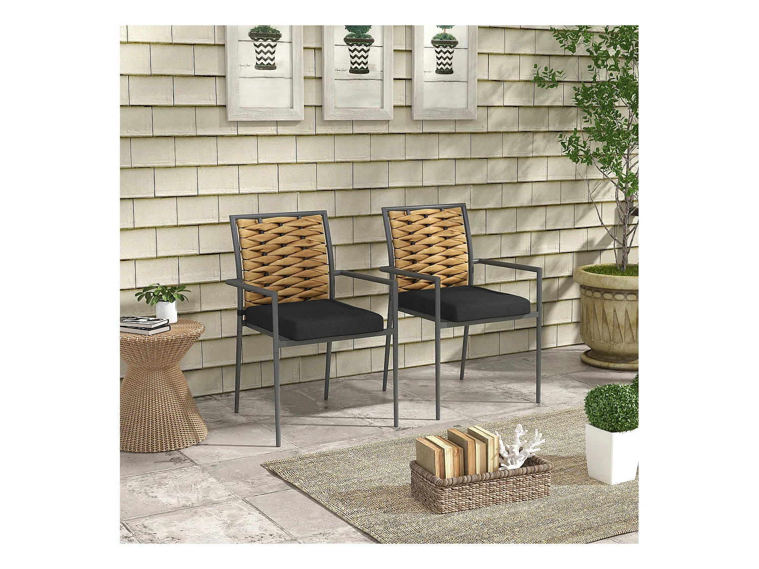 Chaise de jardin empilable, design moderne, acier et PE rotin, noir (57x58x87cm)