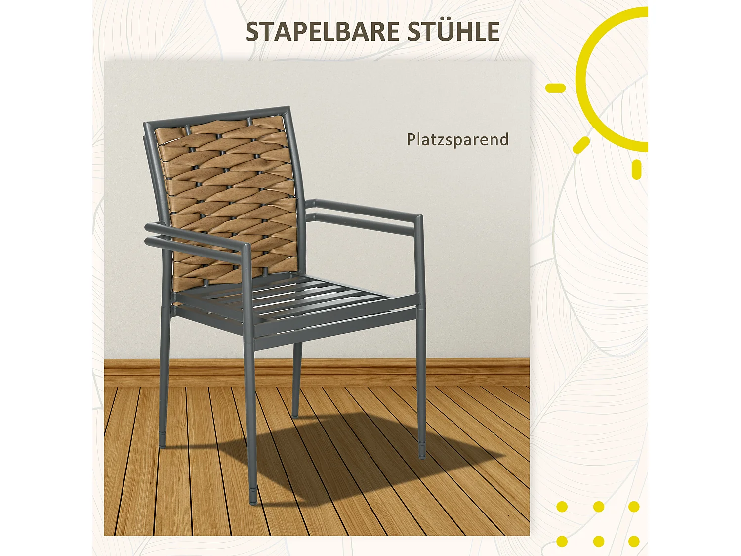 Chaise de jardin empilable, design moderne, acier et PE rotin, noir (57x58x87cm)