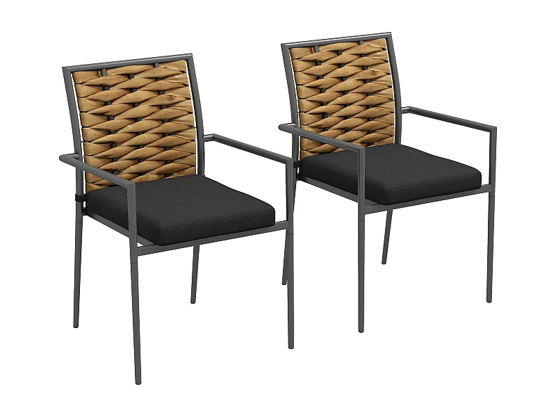 Sedia da giardino impilabile, design moderno, acciaio e rattan PE, nero (57x58x87cm)