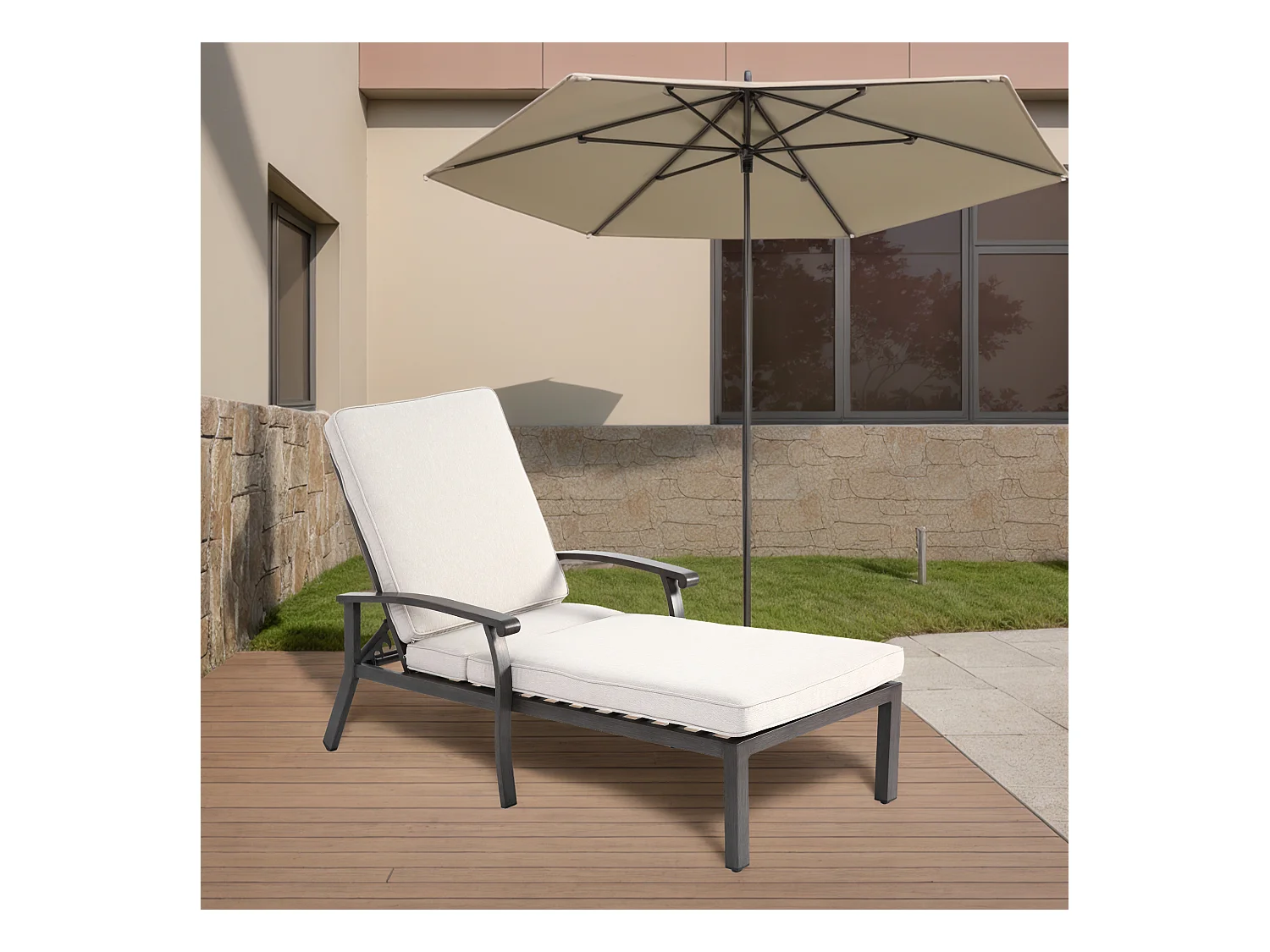 Chaise longue réglable pour patio, résistante à la rouille, aluminium, avec coussin en coton imperméable, beige (204x58x100/30 cm)