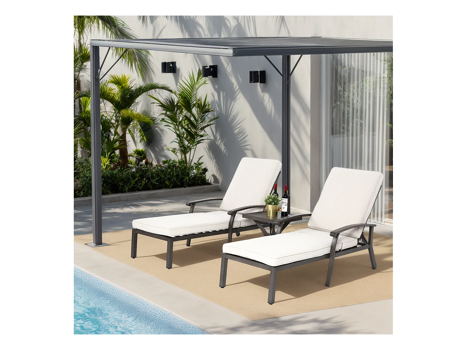 Chaise longue réglable pour patio, résistante à la rouille, aluminium, avec coussin en coton imperméable, beige (204x58x100/30 cm)