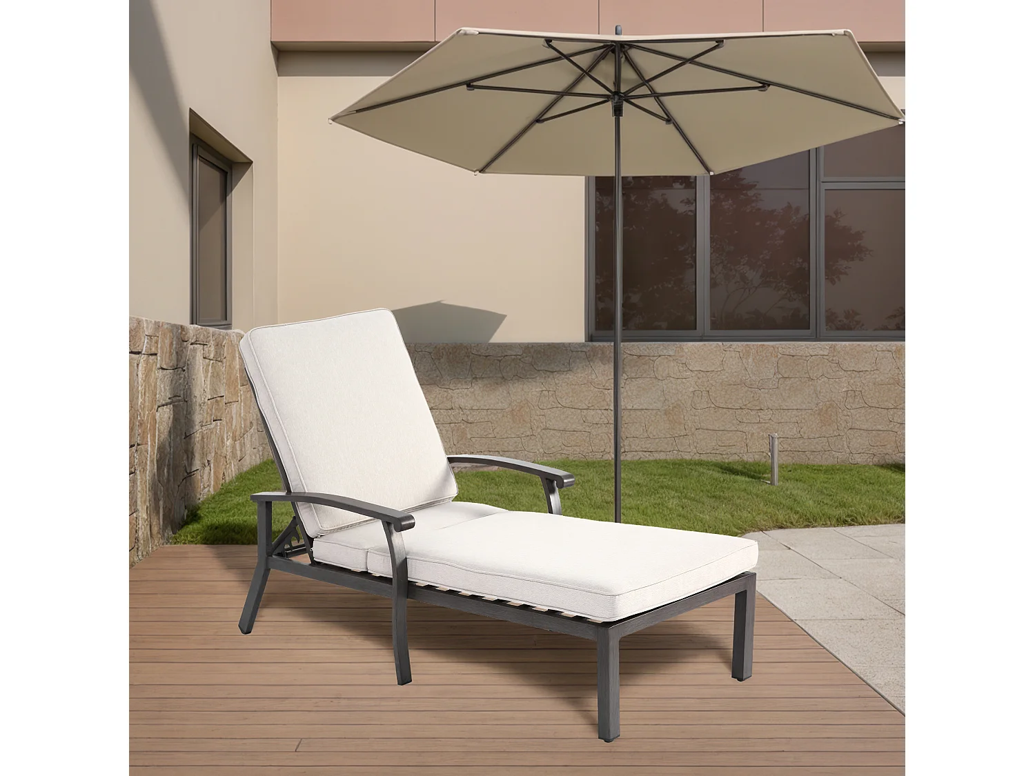 Chaise longue réglable pour patio, résistante à la rouille, aluminium, avec coussin en coton imperméable, beige (204x58x100/30 cm)