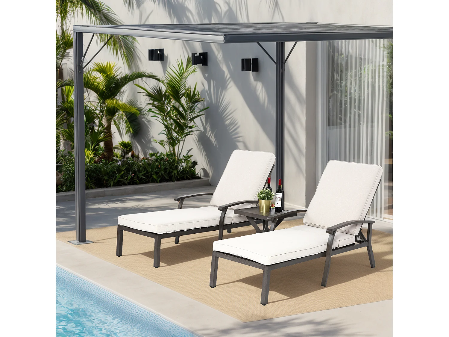 Chaise longue réglable pour patio, résistante à la rouille, aluminium, avec coussin en coton imperméable, beige (204x58x100/30 cm)