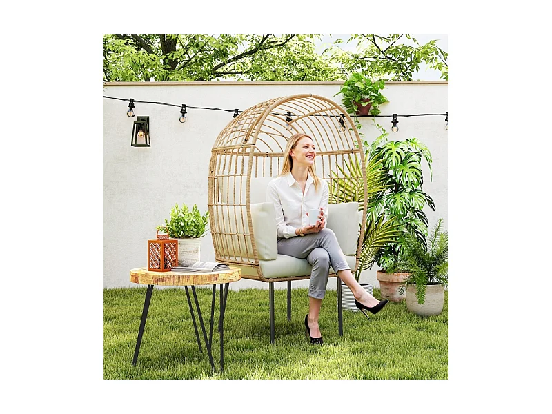 Sillón ovalado extragrande de ratán con cojín extraíble, resistente a la intemperie, beige (95 x 80 x 155 cm)