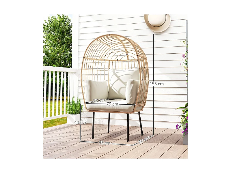 Sillón ovalado extragrande de ratán con cojín extraíble, resistente a la intemperie, beige (95 x 80 x 155 cm)