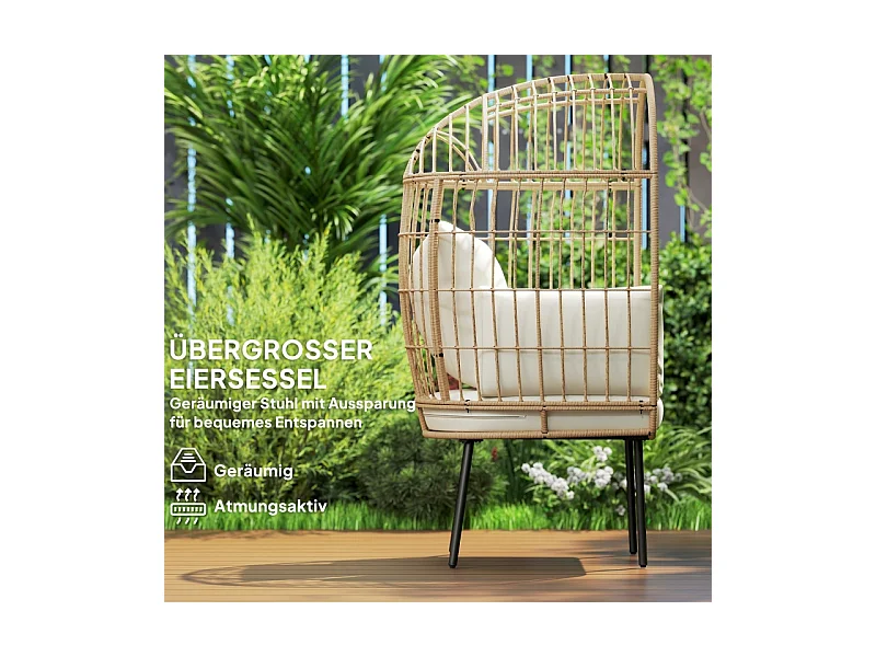 Sillón ovalado extragrande de ratán con cojín extraíble, resistente a la intemperie, beige (95 x 80 x 155 cm)