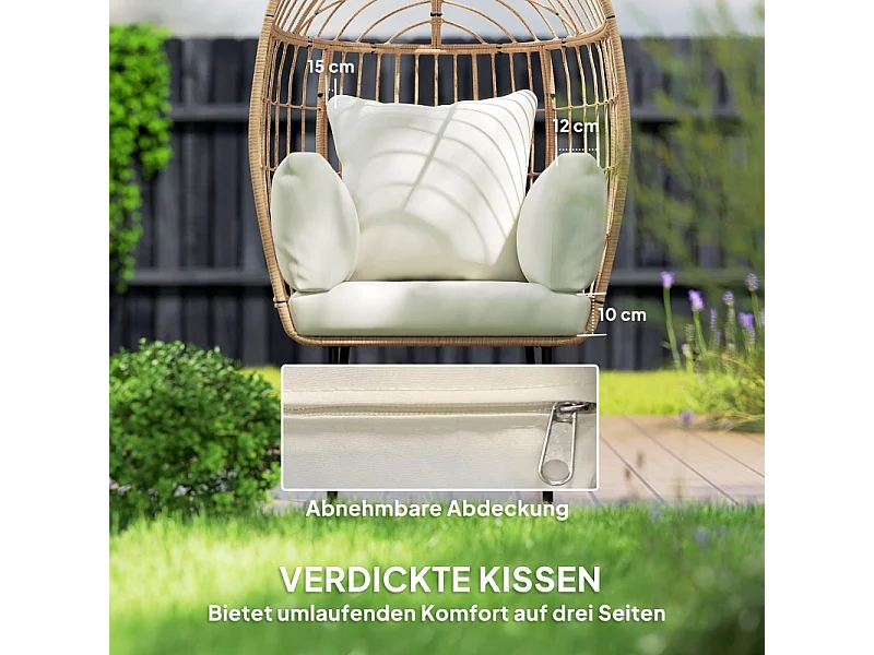 Sillón ovalado extragrande de ratán con cojín extraíble, resistente a la intemperie, beige (95 x 80 x 155 cm)