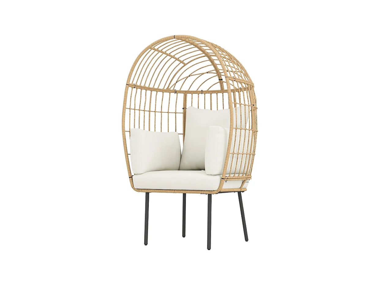 Fauteuil en rotin ovale extra-large avec coussin amovible, résistant aux intempéries, beige (95x80x155cm)