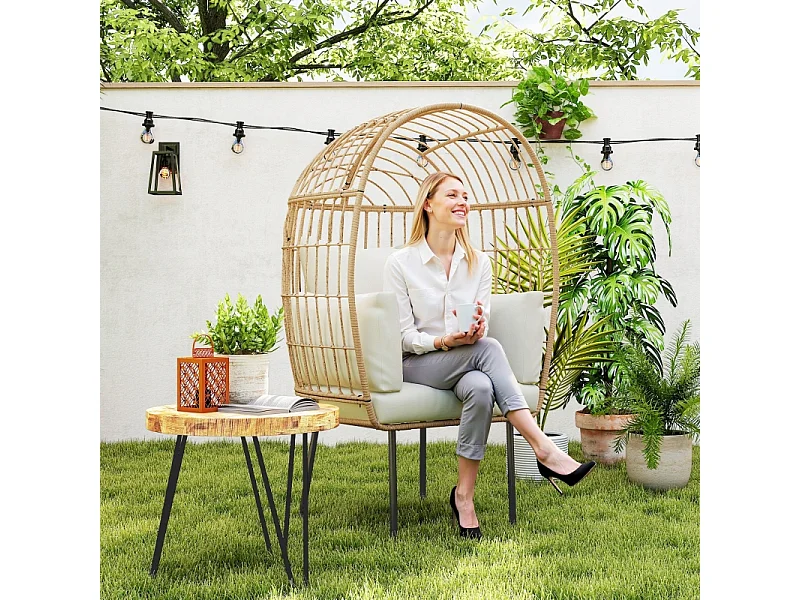 Extra grote ovale rotan fauteuil met afneembaar kussen, weerbestendig, beige (95x80x155cm)