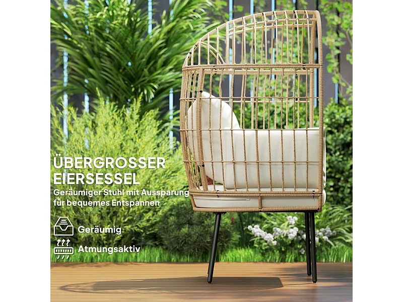 Extra grote ovale rotan fauteuil met afneembaar kussen, weerbestendig, beige (95x80x155cm)