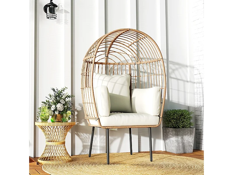 Extra grote ovale rotan fauteuil met afneembaar kussen, weerbestendig, beige (95x80x155cm)