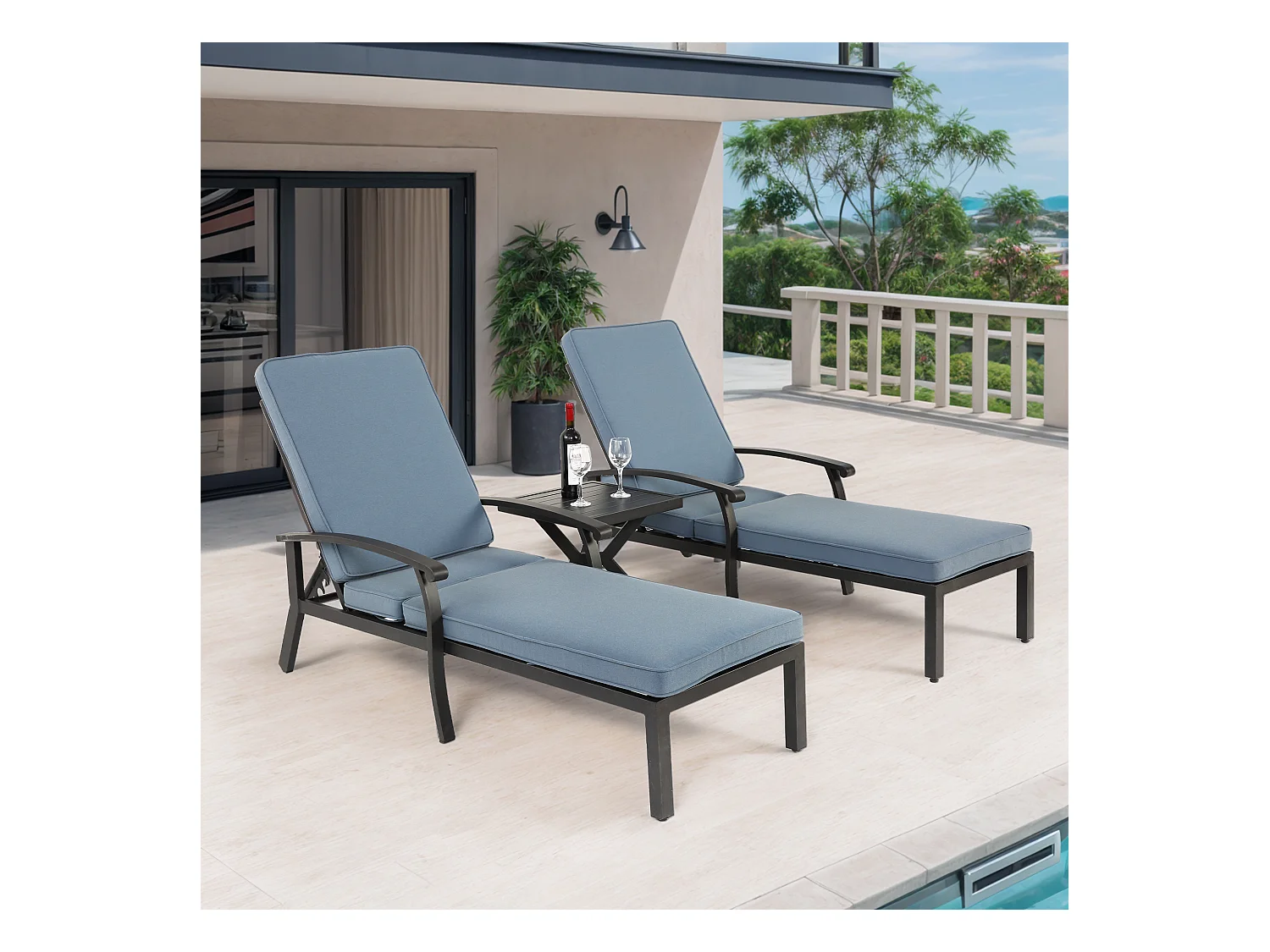 Chaise longue réglable en aluminium résistant à la rouille, avec coussin en coton imperméable bleu (204x58x100 cm)