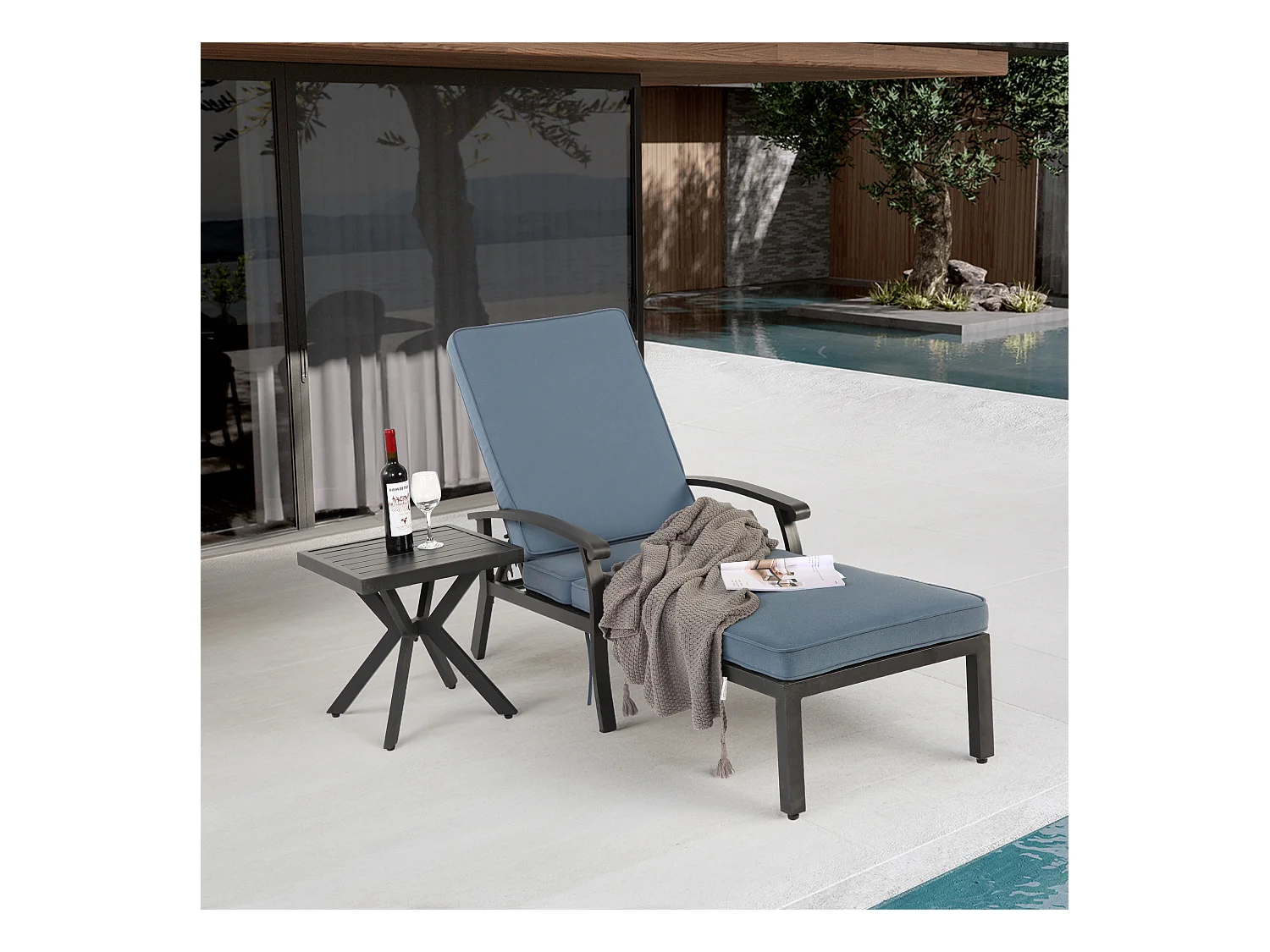 Chaise longue réglable en aluminium résistant à la rouille, avec coussin en coton imperméable bleu (204x58x100 cm)