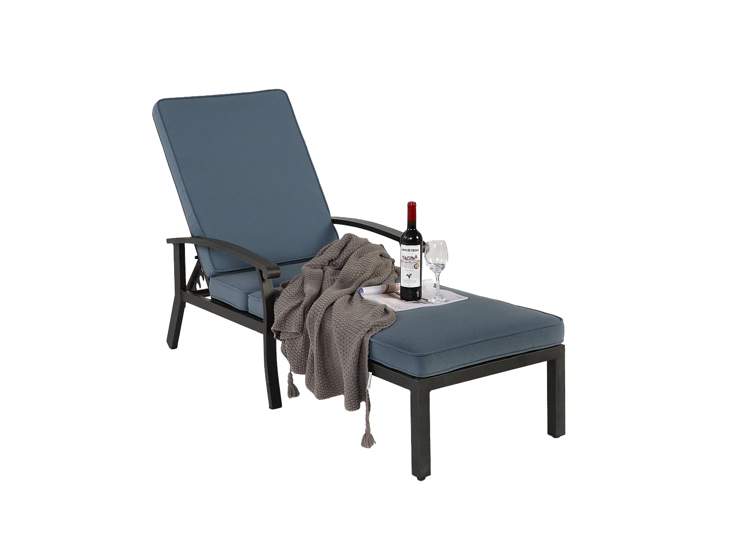 Chaise longue réglable en aluminium résistant à la rouille, avec coussin en coton imperméable bleu (204x58x100 cm)