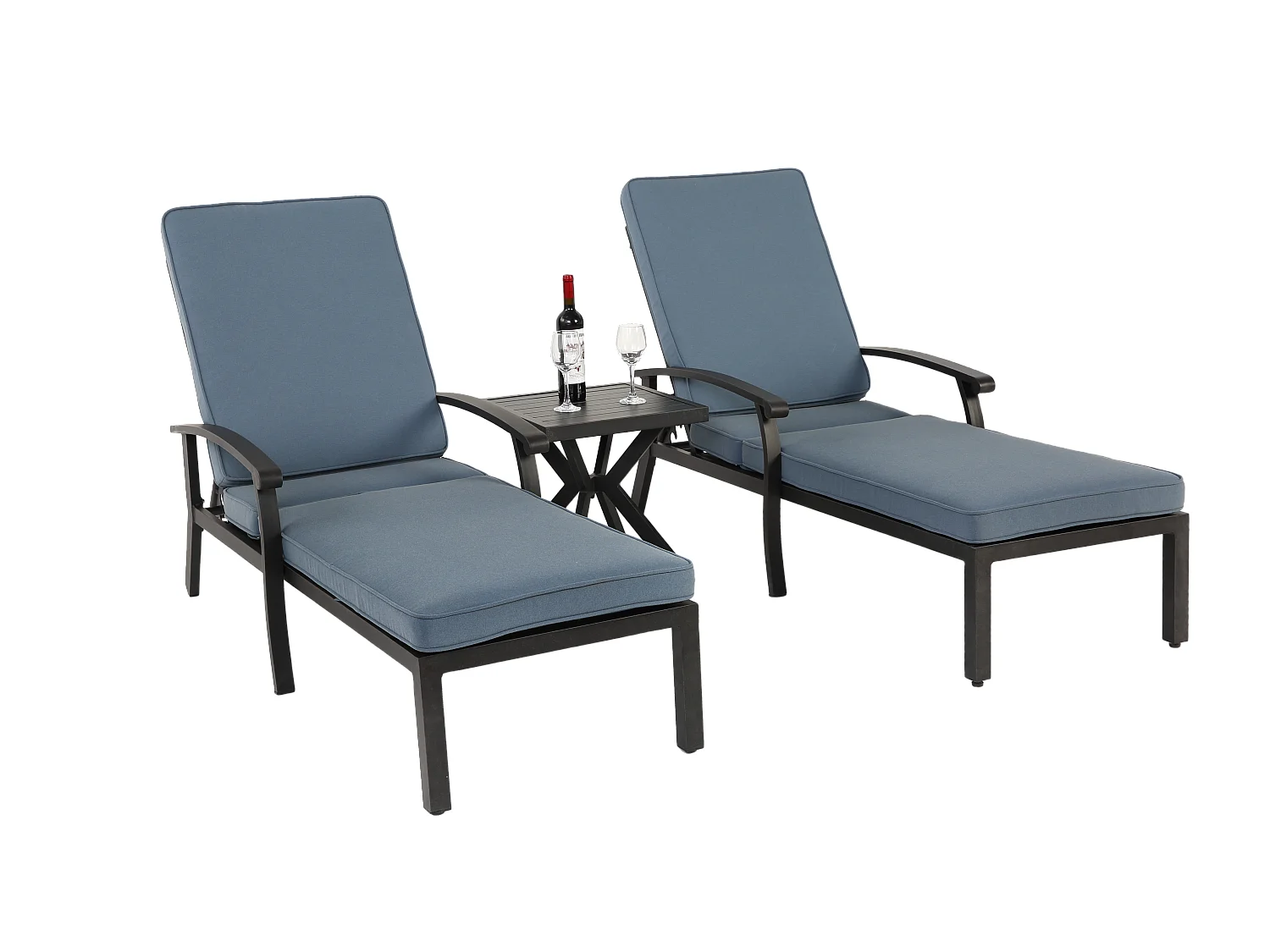 Chaise longue réglable en aluminium résistant à la rouille, avec coussin en coton imperméable bleu (204x58x100 cm)