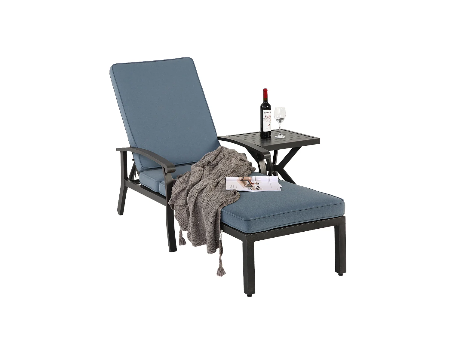 Chaise longue réglable en aluminium résistant à la rouille, avec coussin en coton imperméable bleu (204x58x100 cm)