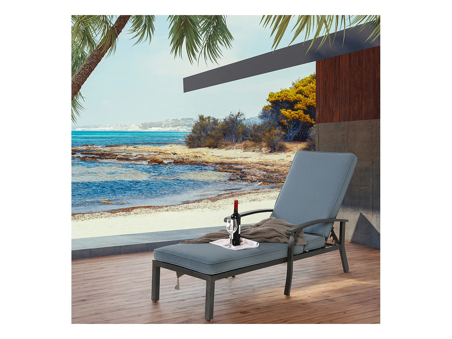 Verstelbare, roestbestendige aluminium loungestoel met blauw, waterdicht katoenen kussen (204x58x100 cm)