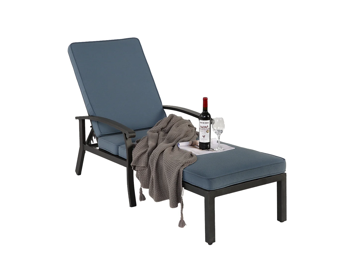 Verstelbare, roestbestendige aluminium loungestoel met blauw, waterdicht katoenen kussen (204x58x100 cm)