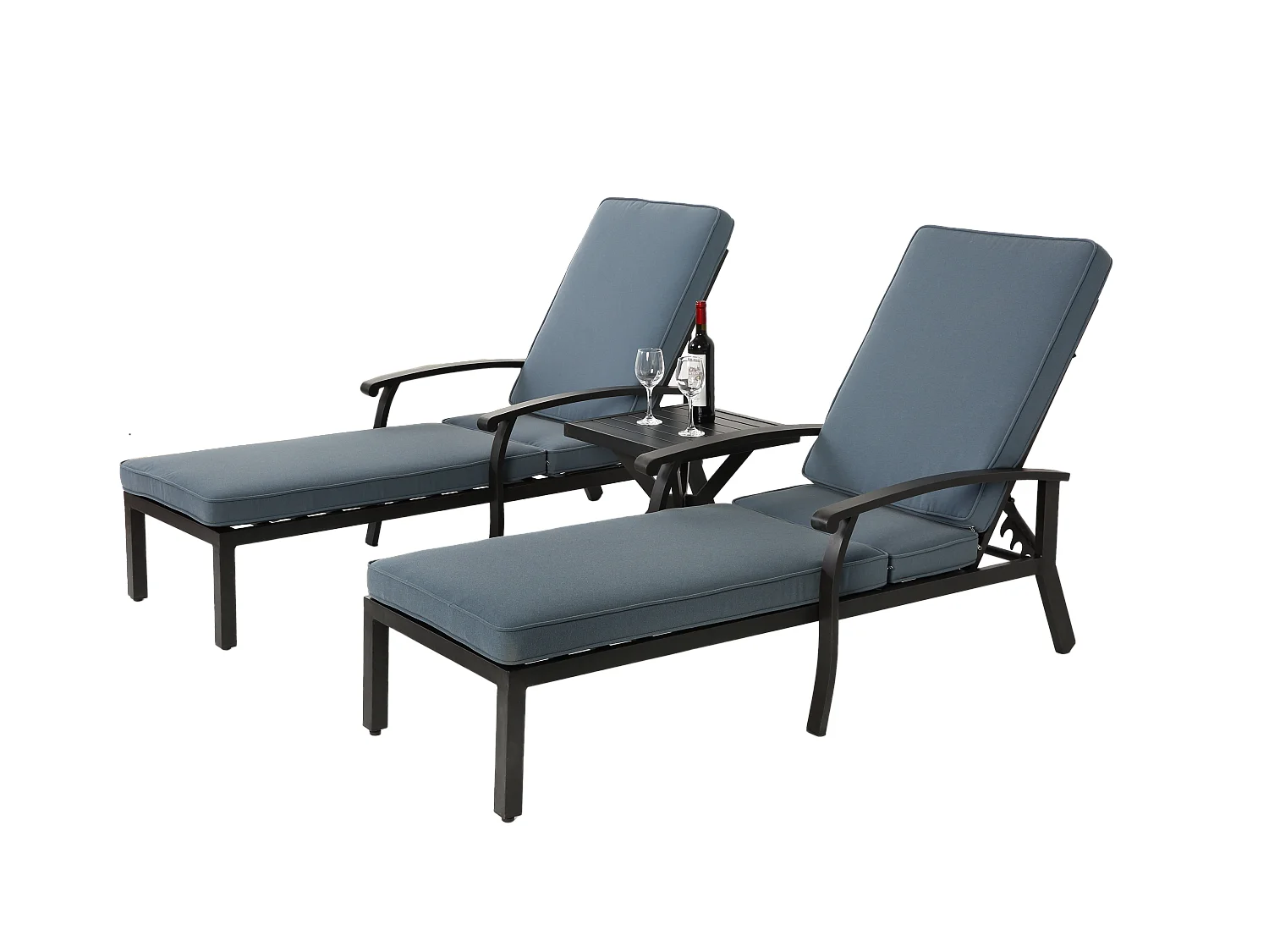 Verstelbare, roestbestendige aluminium loungestoel met blauw, waterdicht katoenen kussen (204x58x100 cm)