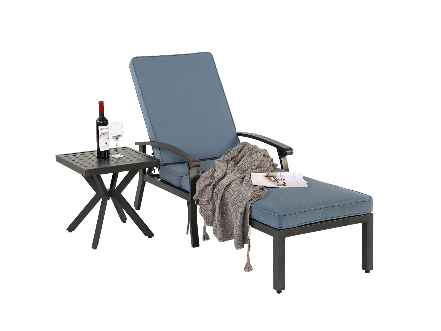 Verstelbare, roestbestendige aluminium loungestoel met blauw, waterdicht katoenen kussen (204x58x100 cm)