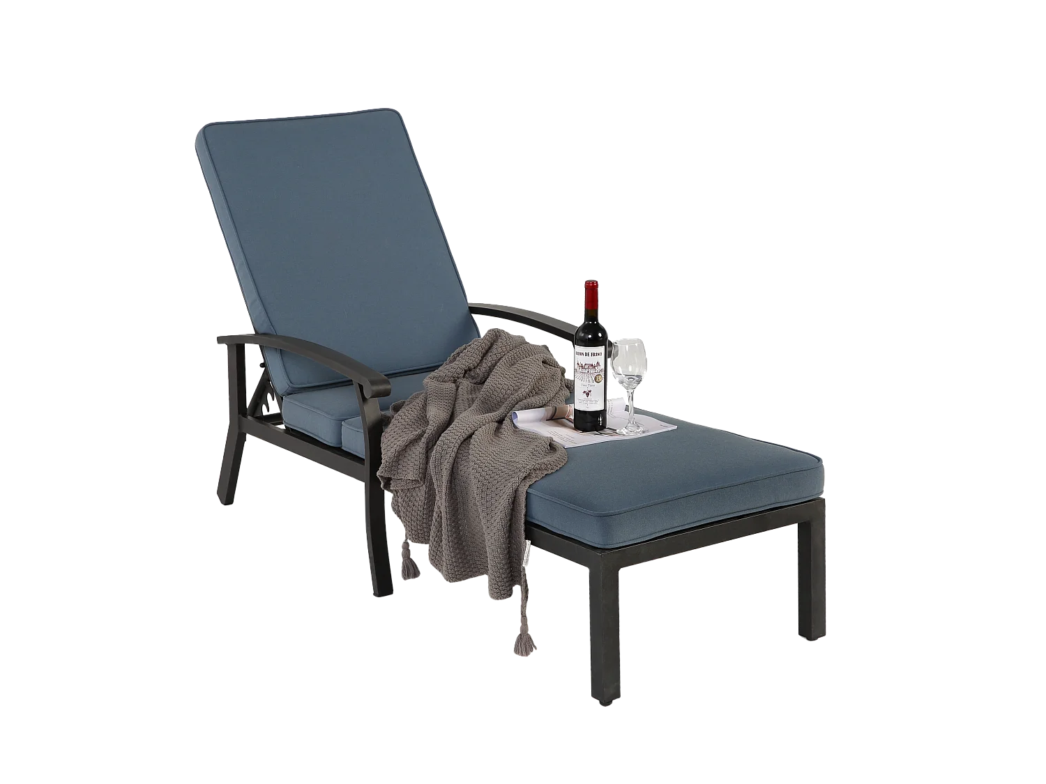 Chaise longue réglable en aluminium résistant à la rouille, avec coussin en coton imperméable bleu (204x58x100 cm)