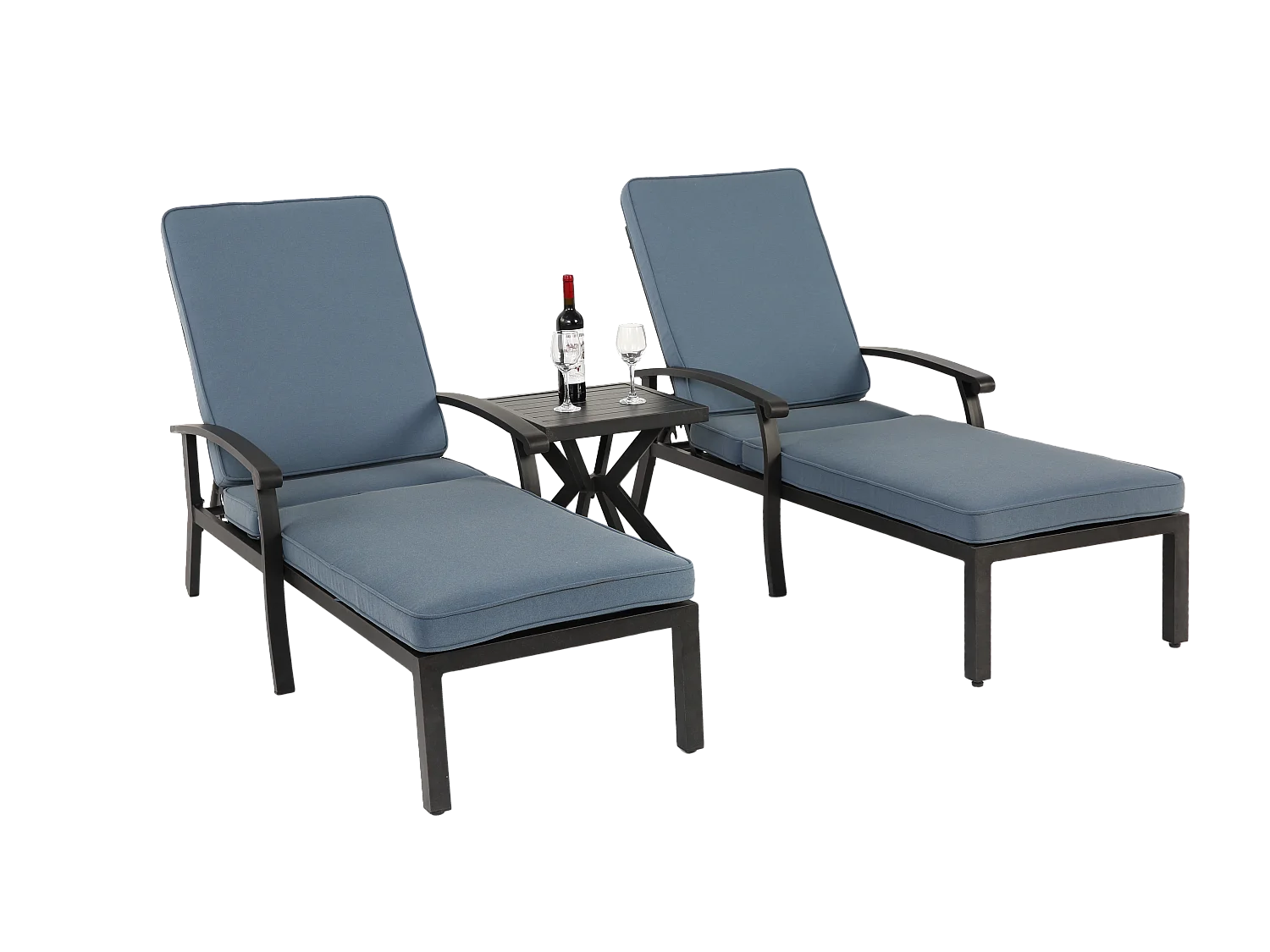 Chaise longue réglable en aluminium résistant à la rouille, avec coussin en coton imperméable bleu (204x58x100 cm)