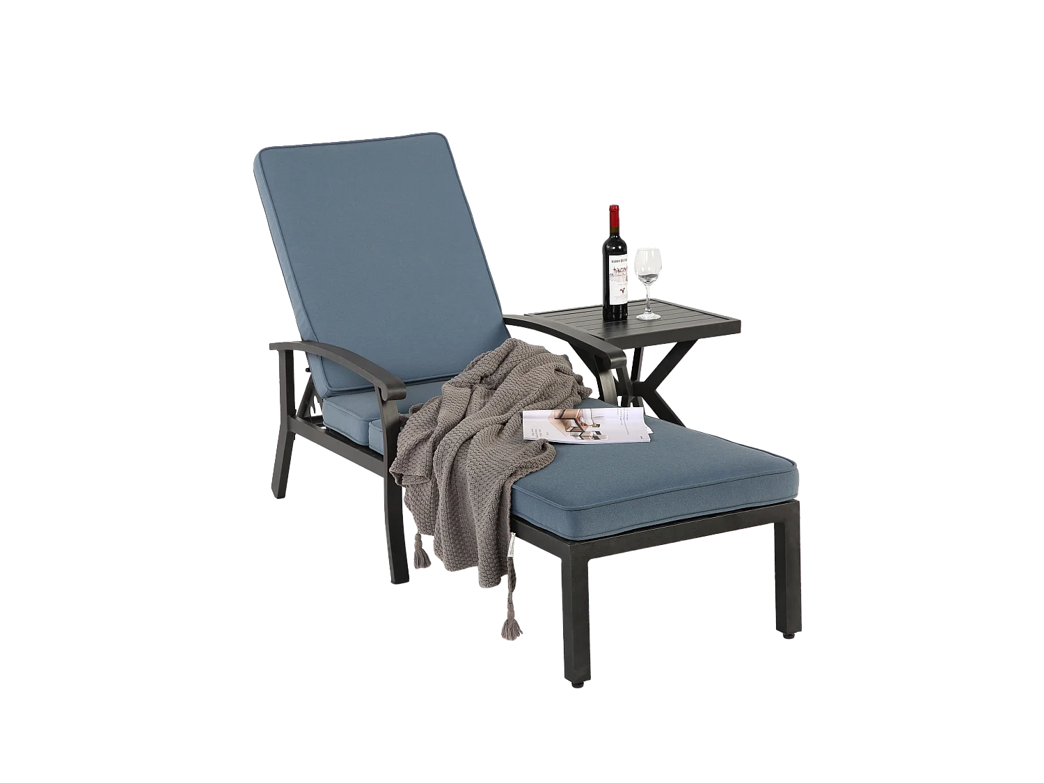 Chaise longue réglable en aluminium résistant à la rouille, avec coussin en coton imperméable bleu (204x58x100 cm)