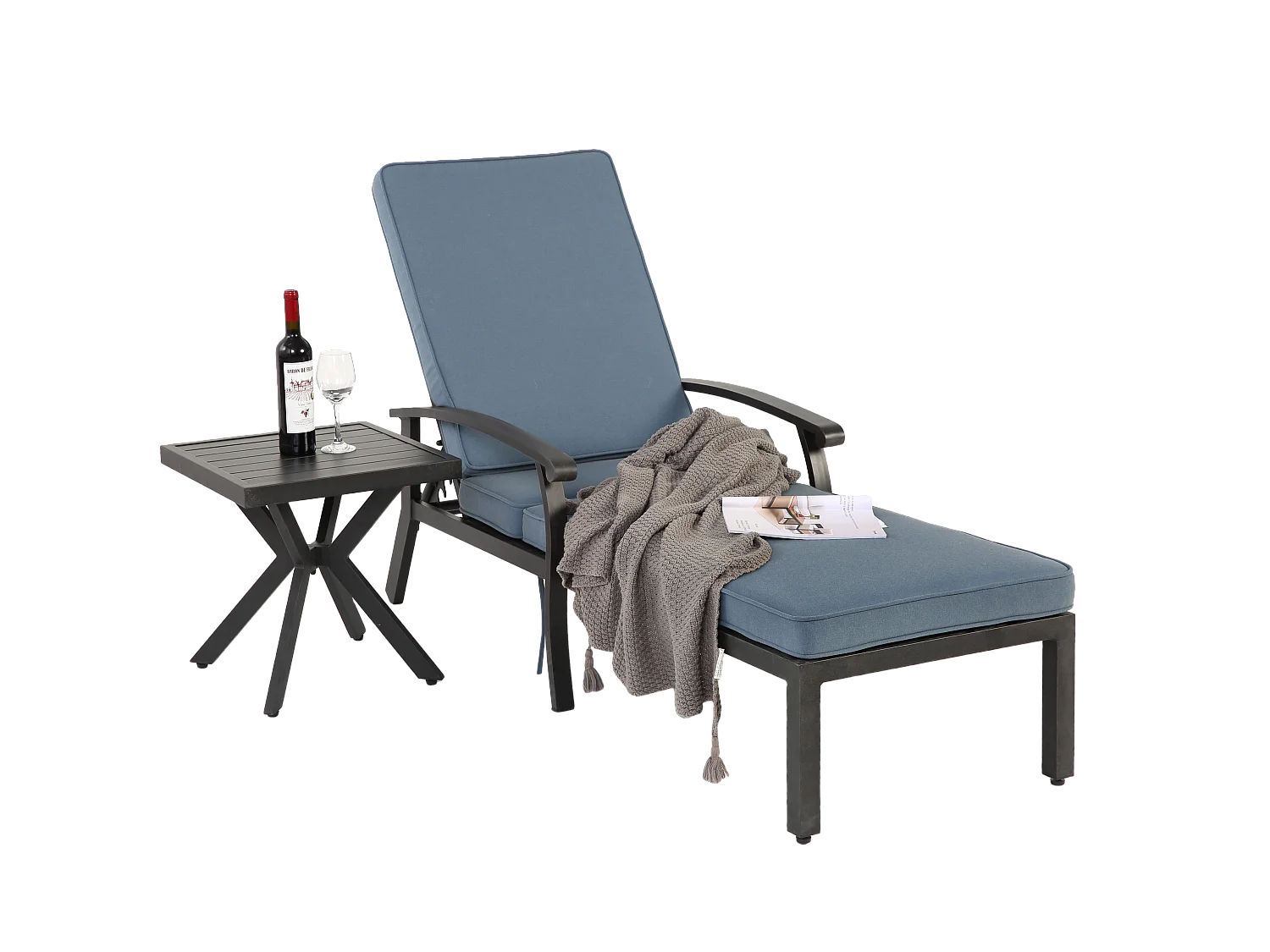 Chaise longue réglable en aluminium résistant à la rouille, avec coussin en coton imperméable bleu (204x58x100 cm)