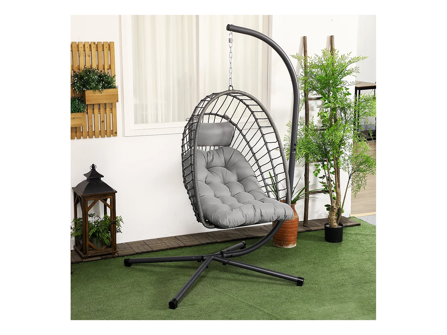 Fauteuil à bascule en rotin pliable, avec coussin et structure en acier, gris clair (100x131x194 cm)