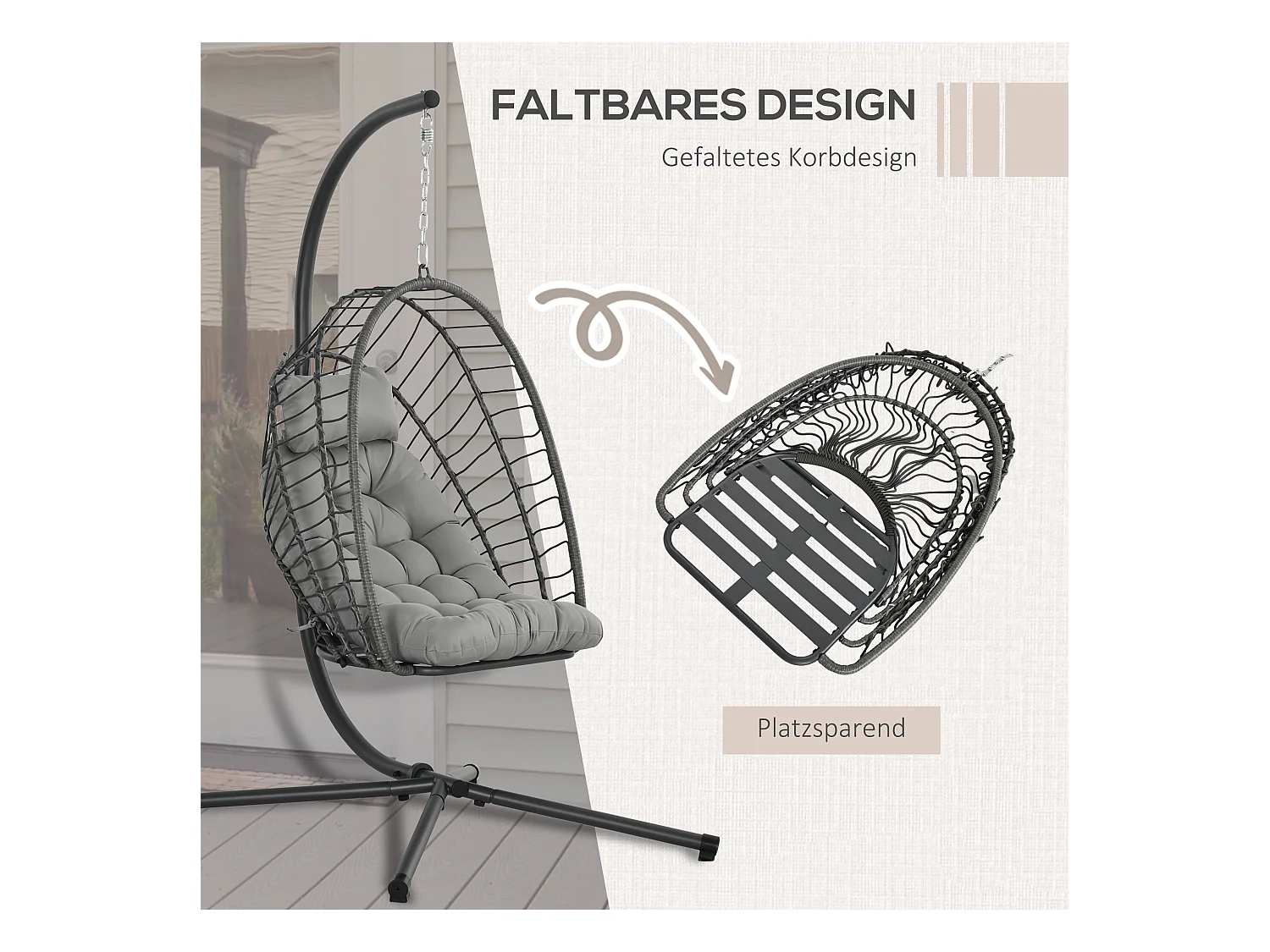 Fauteuil à bascule en rotin pliable, avec coussin et structure en acier, gris clair (100x131x194 cm)