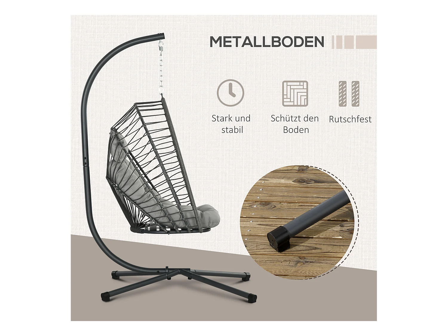 Fauteuil à bascule en rotin pliable, avec coussin et structure en acier, gris clair (100x131x194 cm)