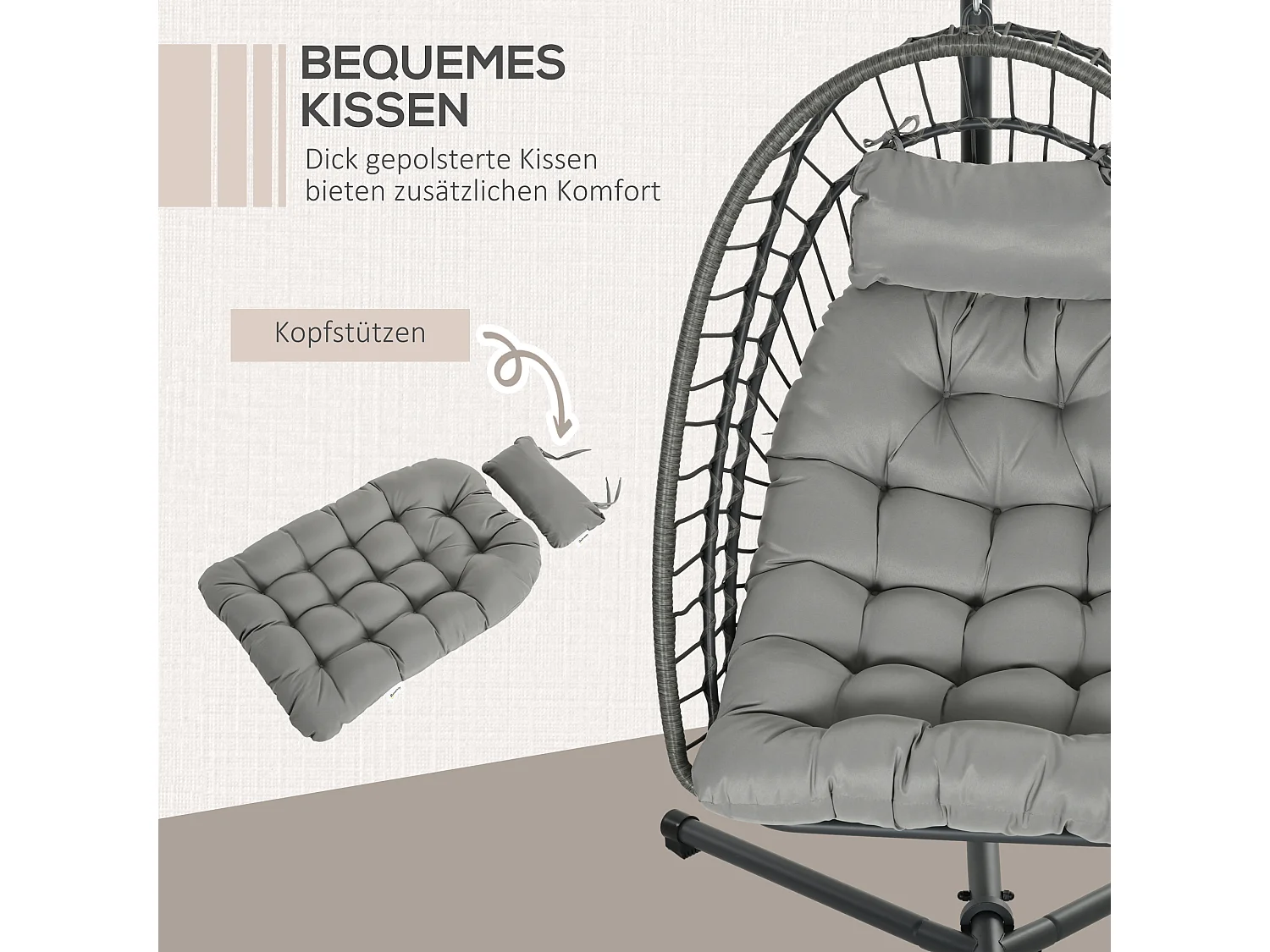 Fauteuil à bascule en rotin pliable, avec coussin et structure en acier, gris clair (100x131x194 cm)