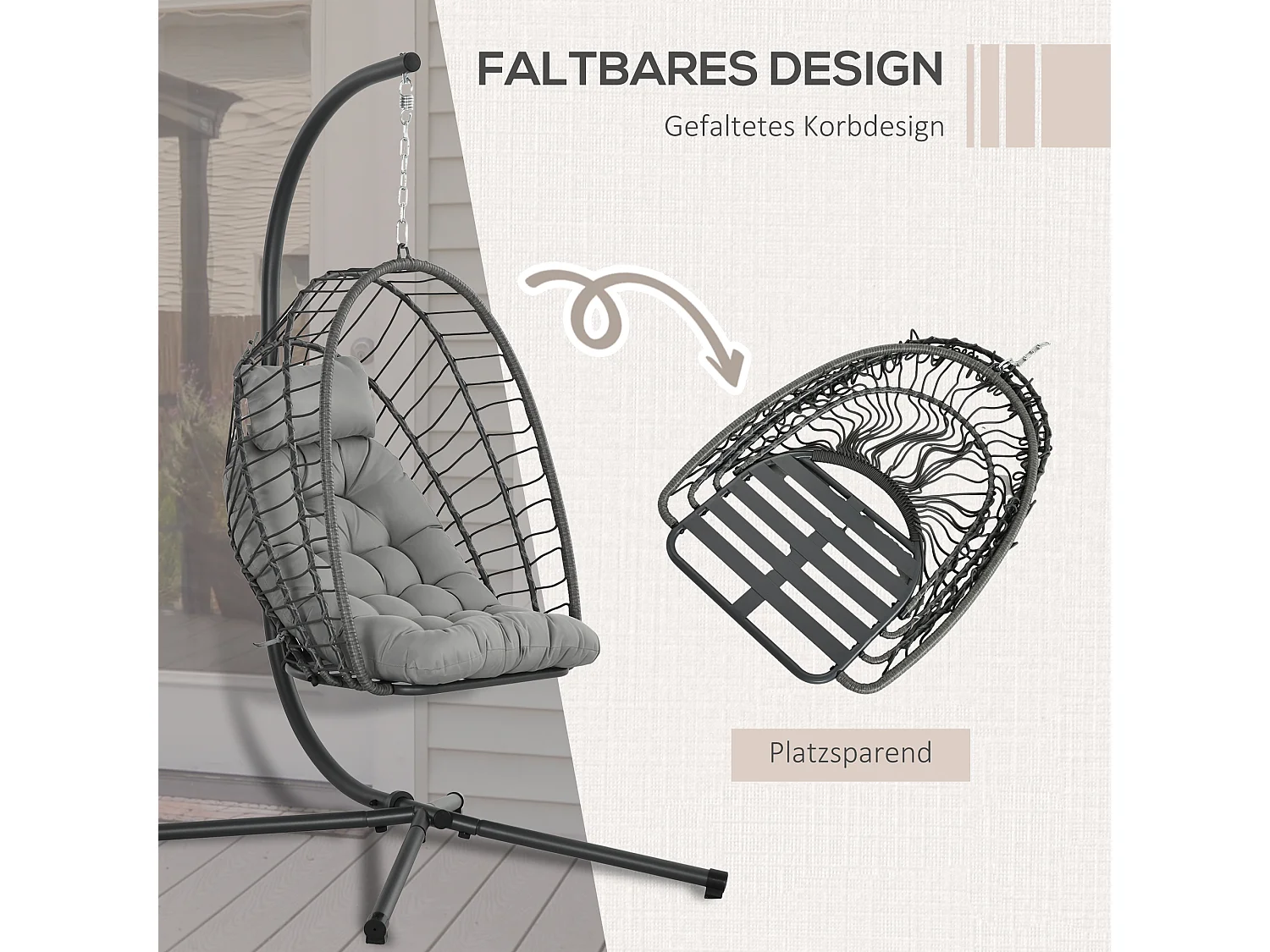 Fauteuil à bascule en rotin pliable, avec coussin et structure en acier, gris clair (100x131x194 cm)